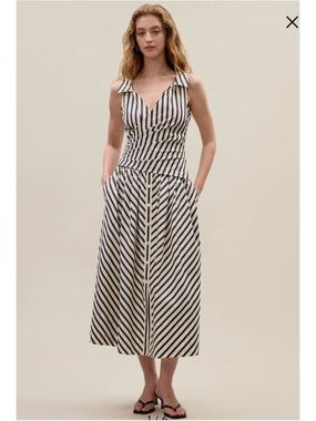 Rebecca Taylor Navy and Cream Striped Midi Dress Isla Stripe Poplin Dress